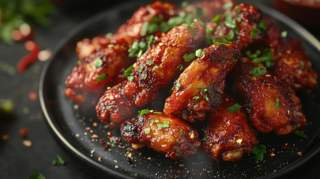 hot spicy wings on a black plate
