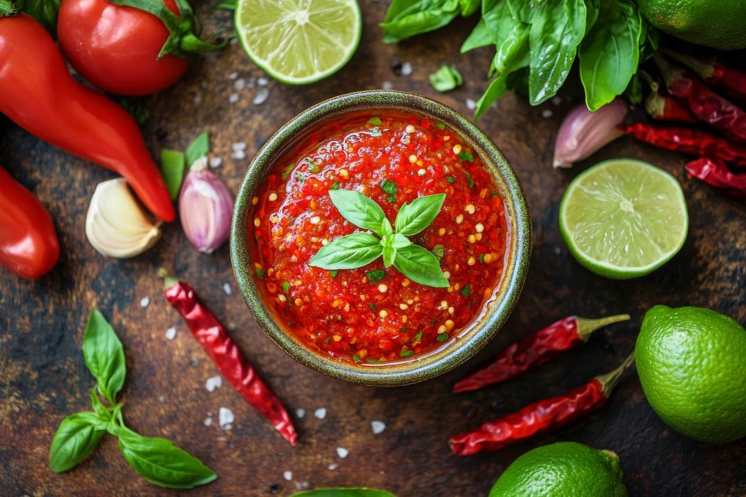 A bowl of chili sauce with lime, peppers and other ingredients