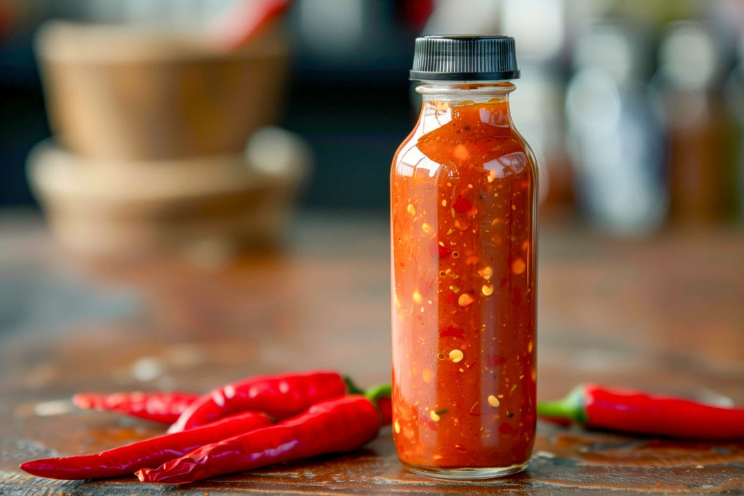 A bottle of hot sauce with chili peppers on a table