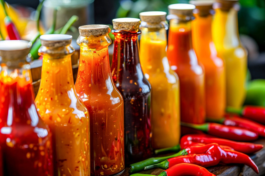  Bottles of hot sauce and peppers on a table with other ingredients