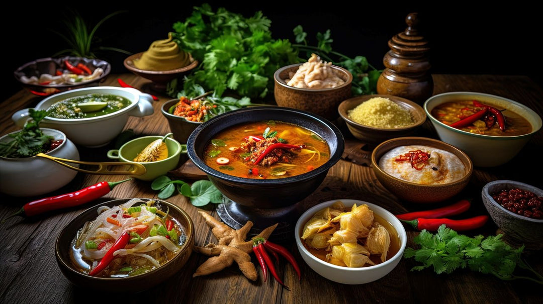 different spicy food on a table